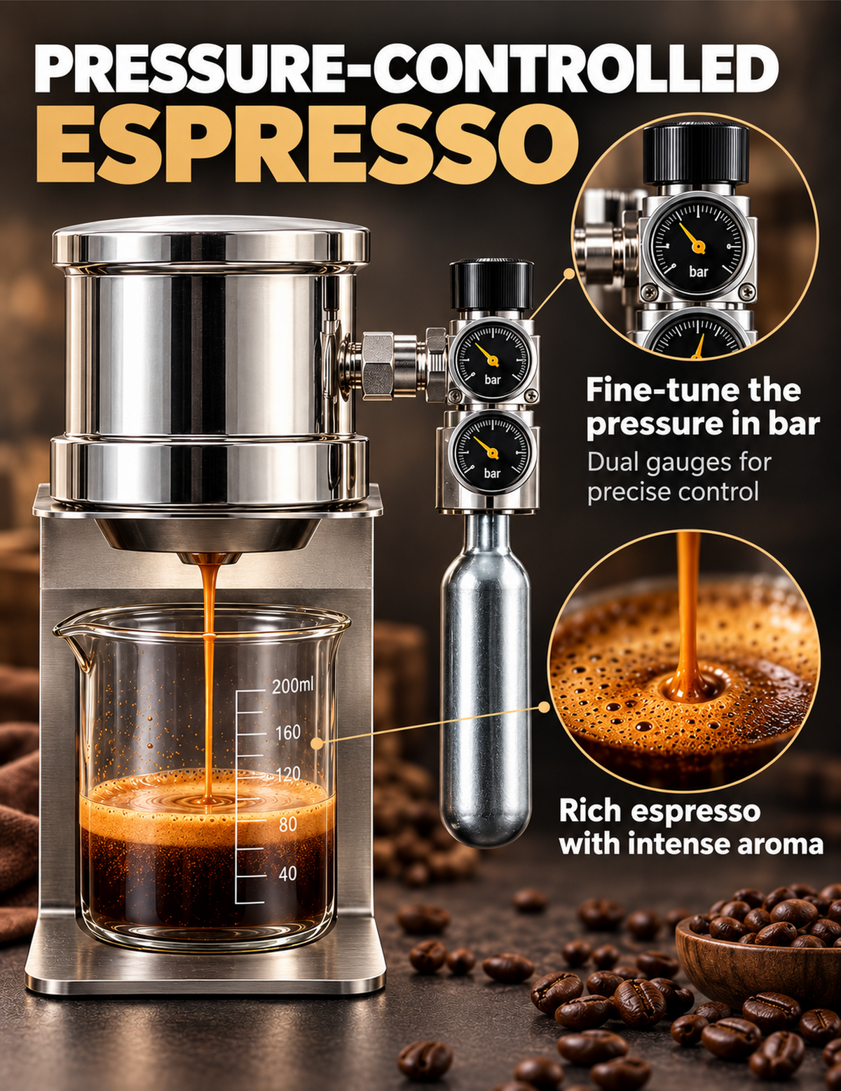 A pressure-controlled espresso machine with a stainless steel body and glass beaker below, shown dispensing espresso. The image includes callout circles and text highlighting dual pressure gauges, fine-tuning in bar, and rich espresso with intense aroma, with coffee beans scattered around on a dark surface.