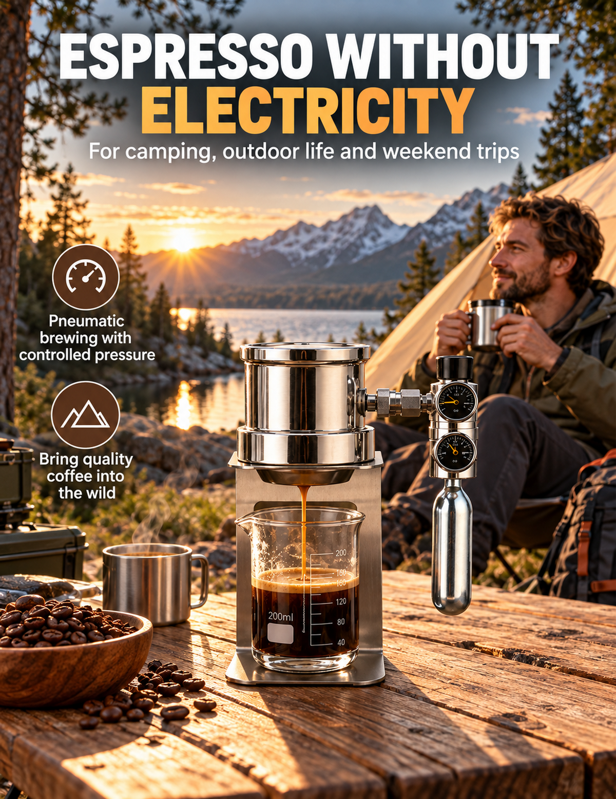A camping espresso maker labeled 'ESPRESSO WITHOUT ELECTRICITY' is shown on a wooden table outdoors at sunset, with coffee dripping into a glass cup. A man sits in the background near a tent and mountain landscape.
